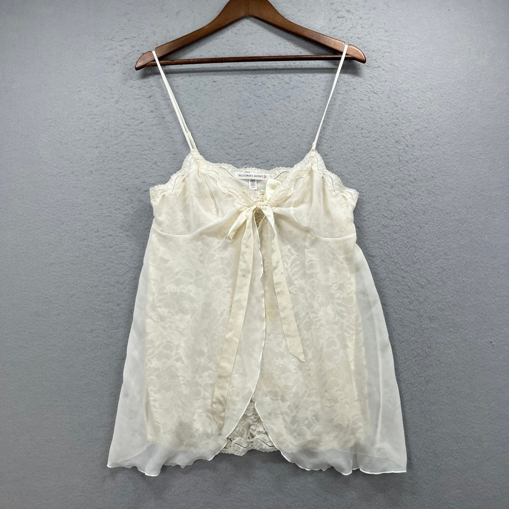 Victoria Secret Babydoll Lingerie Women L Ivory Lace Sheer Bow Bridal Coquette